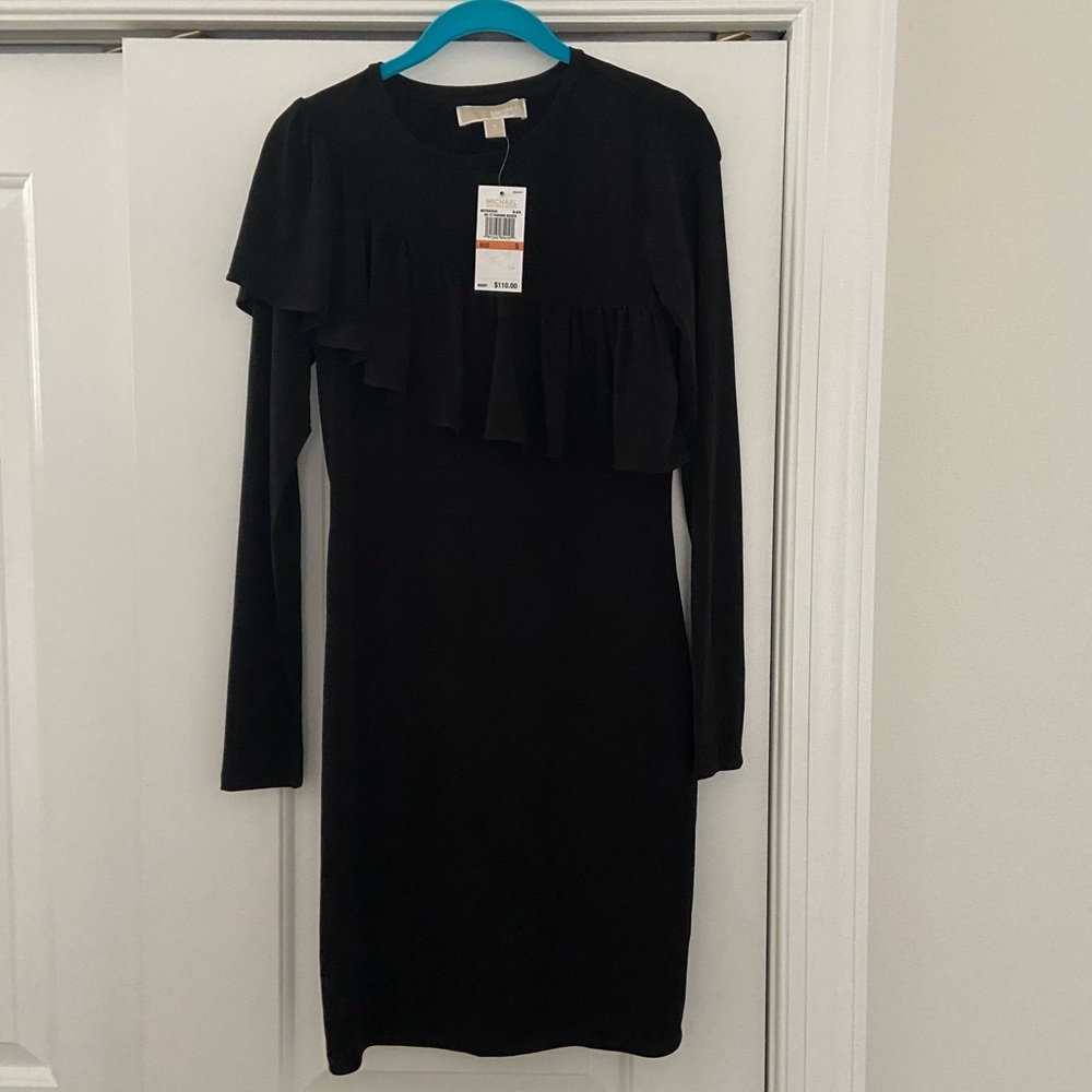 Michael Kors black ruffle long sleeve sheath dress